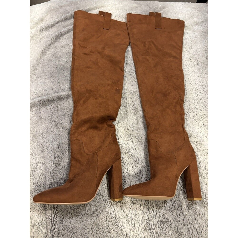 PrettyLittleThing Brown Pointed Toe Chunky Block Heel faux suede High boots Sz 5